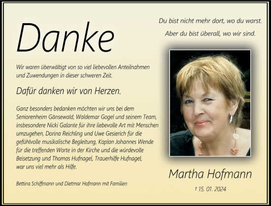 Traueranzeige von Martha Hofmann von Gelnhäuser Neue Zeitung