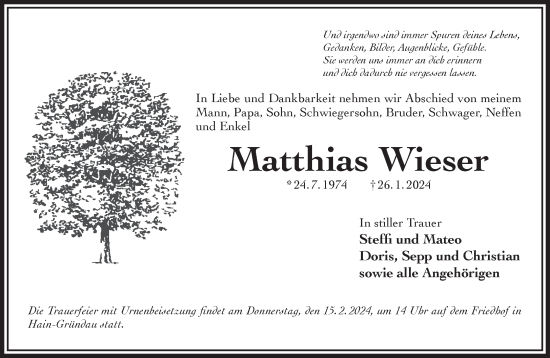 Traueranzeige von Matthias Wieser von Gelnhäuser Neue Zeitung