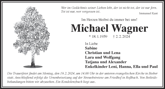 Traueranzeige von Michael Wagner von Gelnhäuser Neue Zeitung
