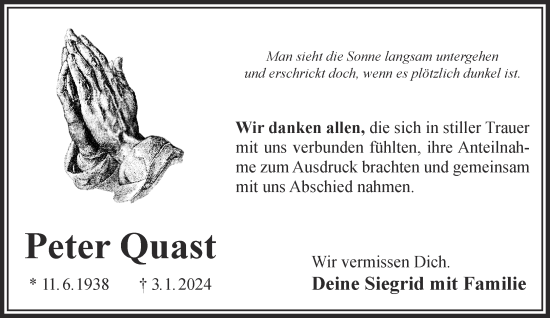 Traueranzeige von Peter Quast von Gelnhäuser Neue Zeitung