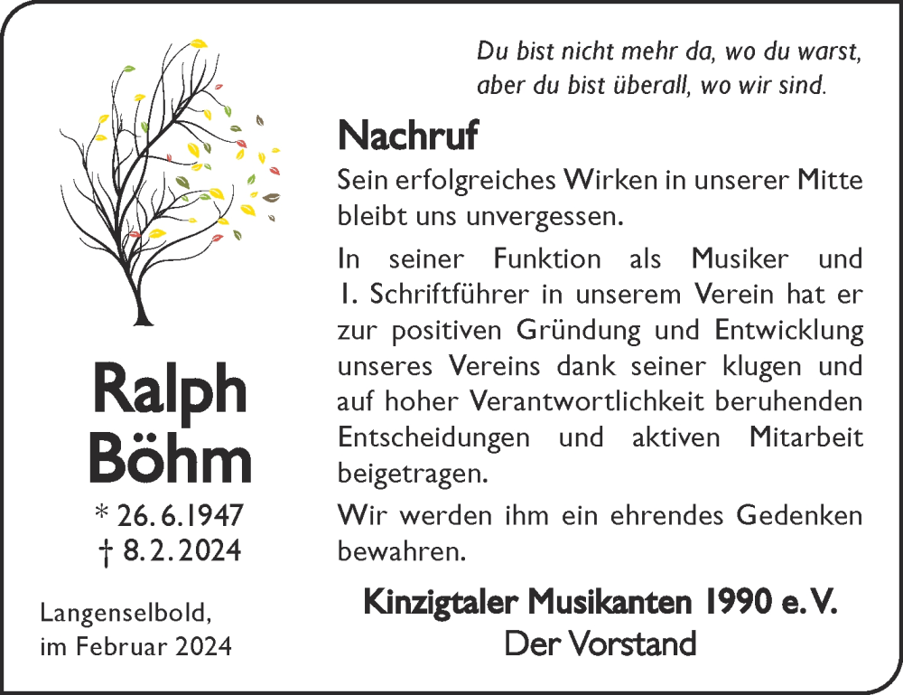  Traueranzeige für Ralph Böhm vom 17.02.2024 aus Gelnhäuser Neue Zeitung