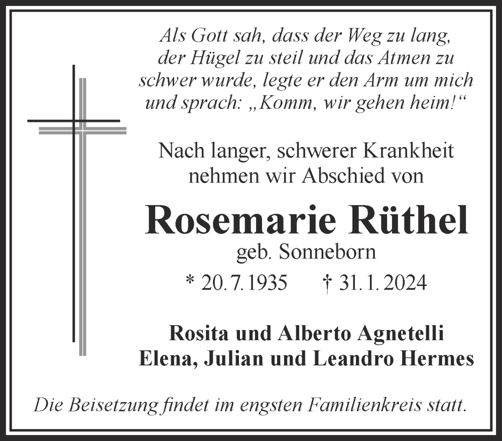  Traueranzeige für Rosemarie Rüthel vom 10.02.2024 aus Gelnhäuser Neue Zeitung