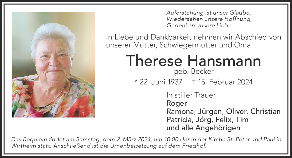  Traueranzeige für Therese Hansmann vom 27.02.2024 aus Gelnhäuser Neue Zeitung