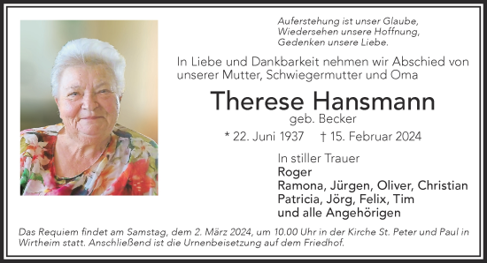 Traueranzeige von Therese Hansmann von Mittelhessen-Bote