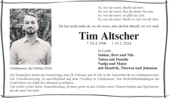 Traueranzeige von Tim Altscher von Gelnhäuser Neue Zeitung
