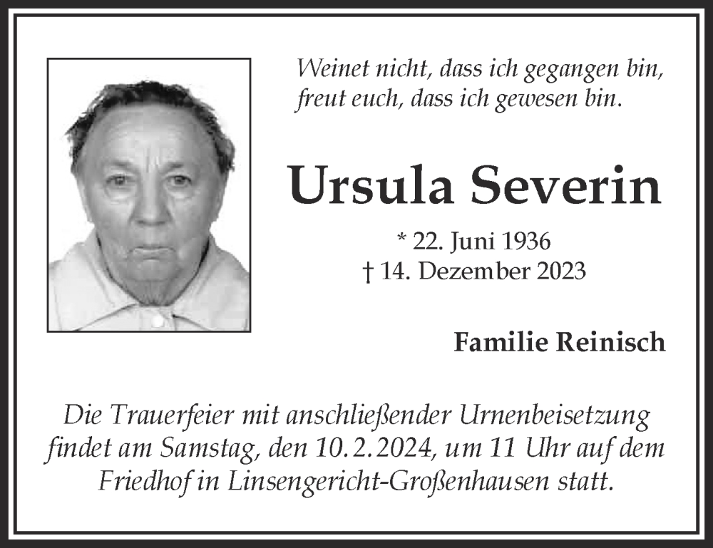  Traueranzeige für Ursula Severin vom 03.02.2024 aus Gelnhäuser Neue Zeitung