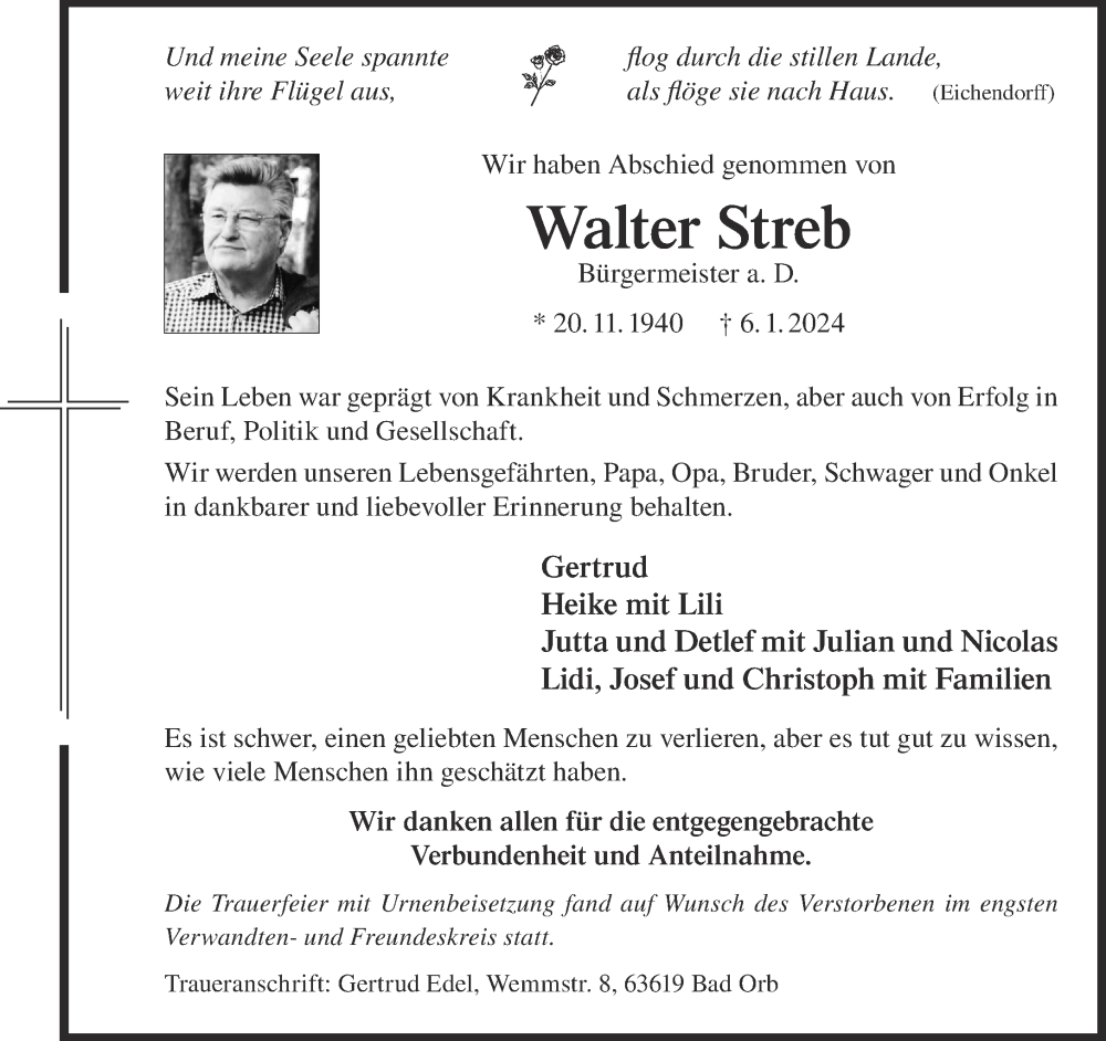  Traueranzeige für Walter Streb vom 03.02.2024 aus Gelnhäuser Neue Zeitung