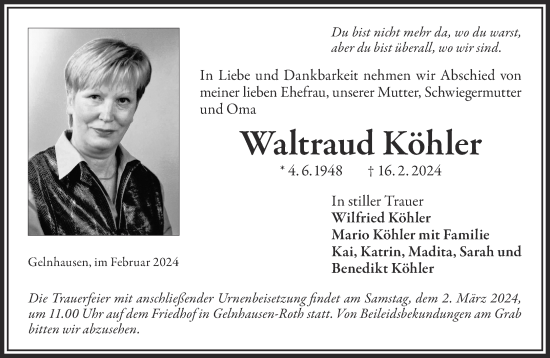 Traueranzeige von Waltraud Köhler von Gelnhäuser Neue Zeitung