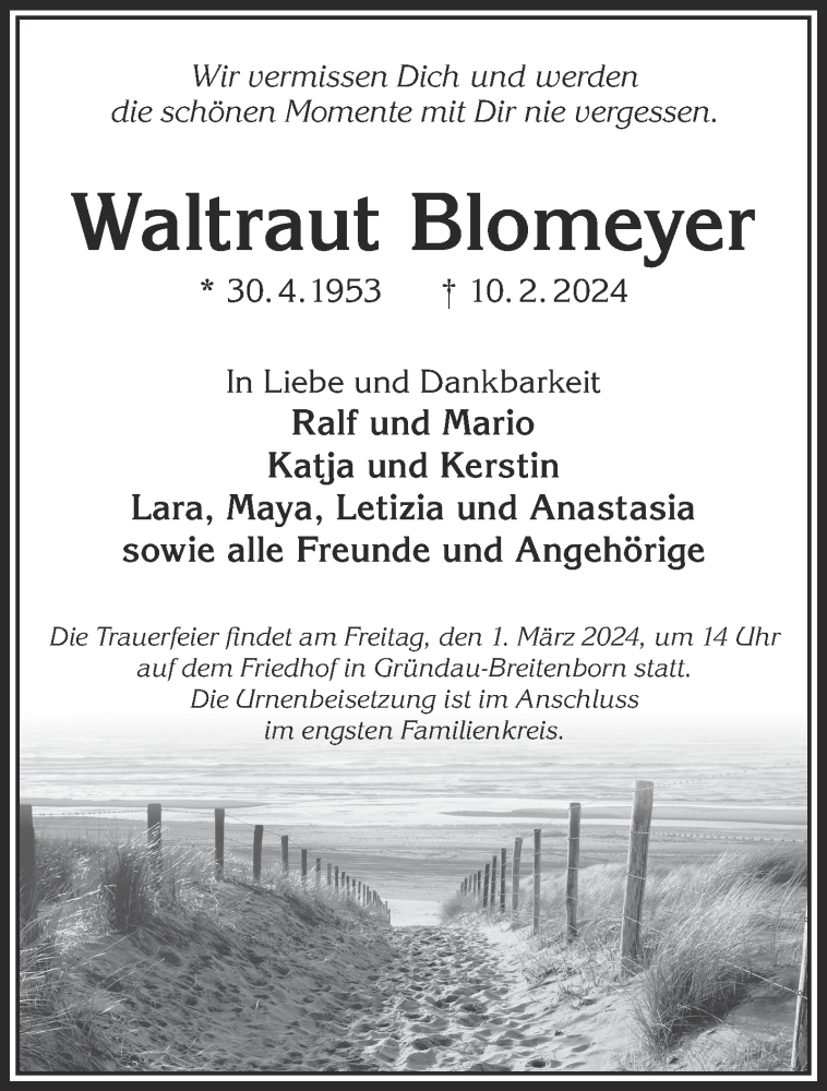  Traueranzeige für Waltraut Blomeyer vom 24.02.2024 aus Gelnhäuser Neue Zeitung