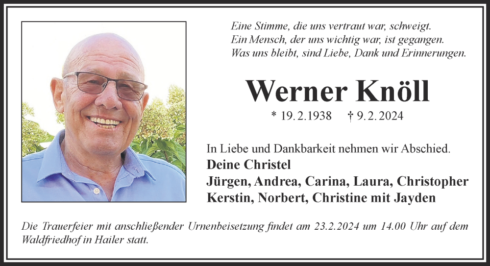  Traueranzeige für Werner Knöll vom 17.02.2024 aus Gelnhäuser Neue Zeitung