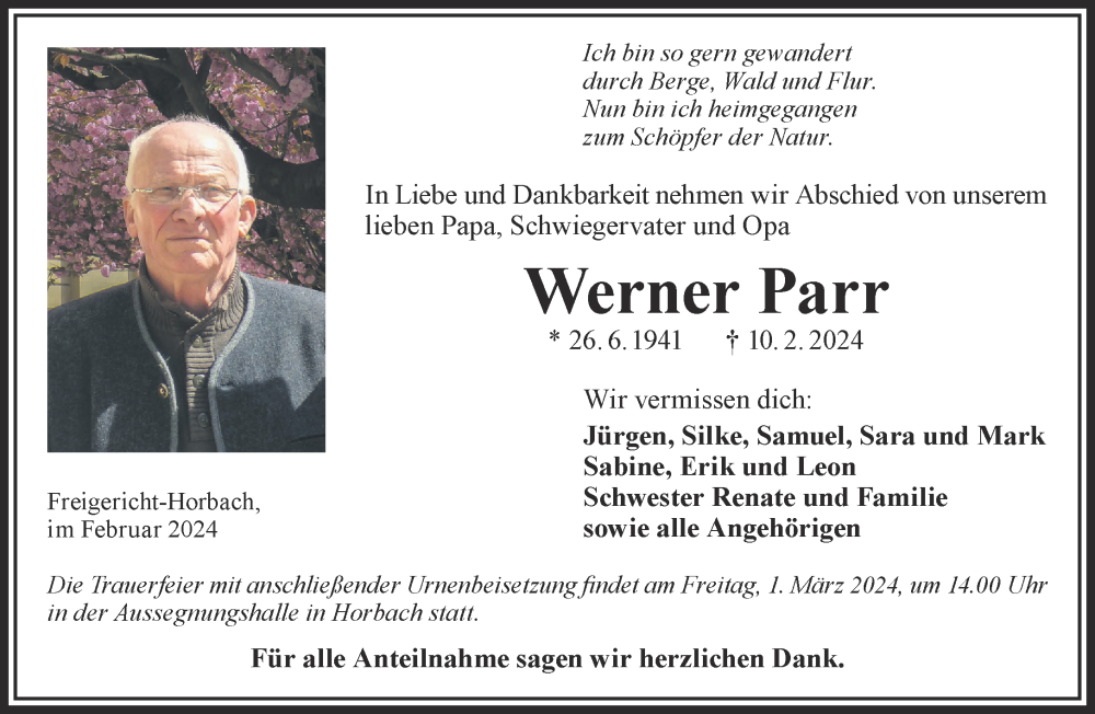  Traueranzeige für Werner Parr vom 24.02.2024 aus Gelnhäuser Neue Zeitung