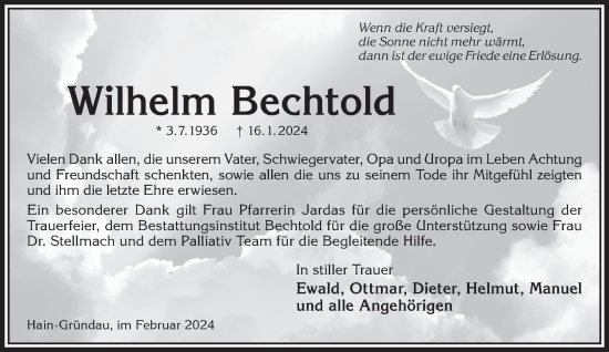 Traueranzeige von Wilhelm Bechtold von Gelnhäuser Neue Zeitung