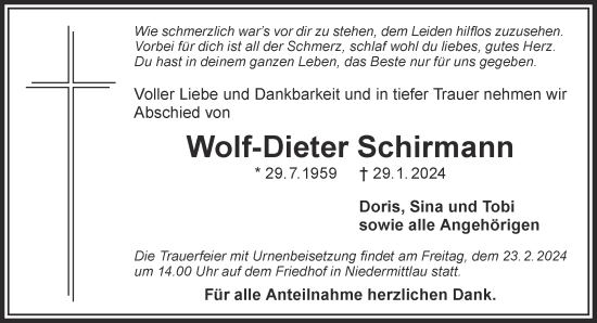 Traueranzeige von Wolf-Dieter Schirmann von Gelnhäuser Neue Zeitung