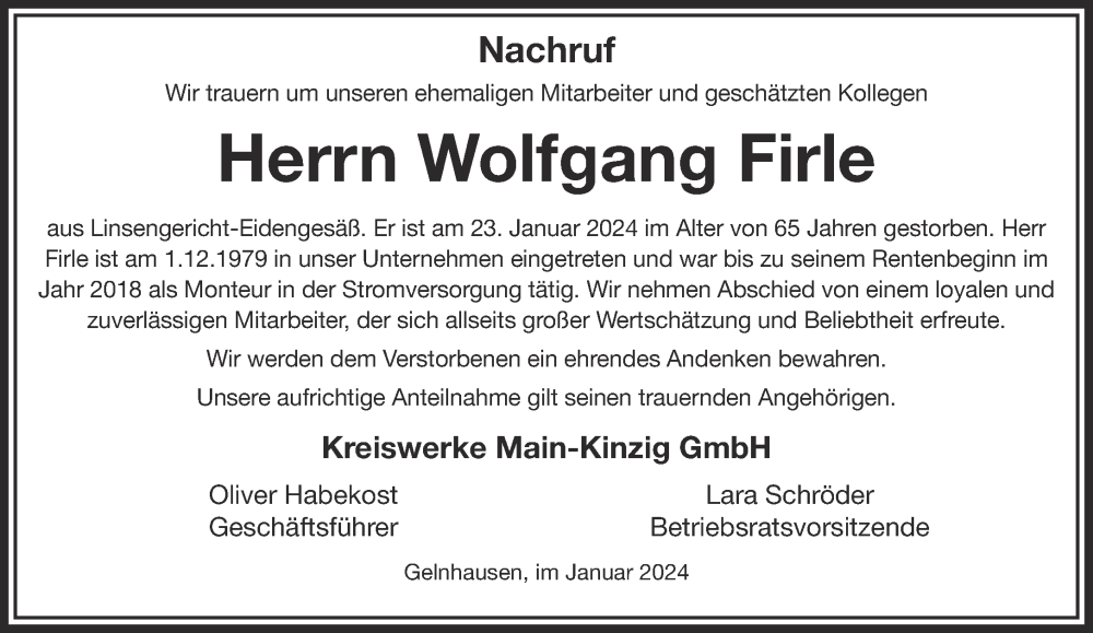  Traueranzeige für Wolfgang Firle vom 03.02.2024 aus Mittelhessen-Bote