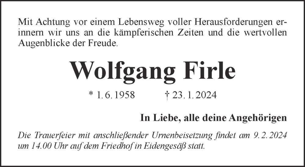  Traueranzeige für Wolfgang Firle vom 03.02.2024 aus Gelnhäuser Neue Zeitung