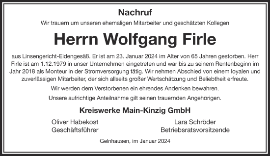 Traueranzeige von Wolfgang Firle von Mittelhessen-Bote