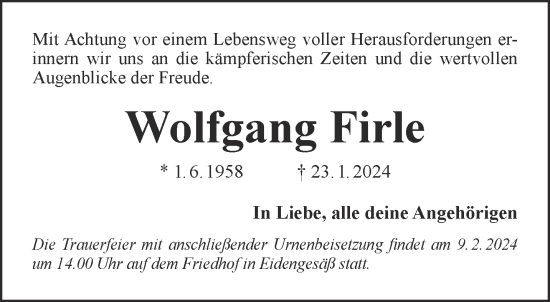 Traueranzeige von Wolfgang Firle von Gelnhäuser Neue Zeitung