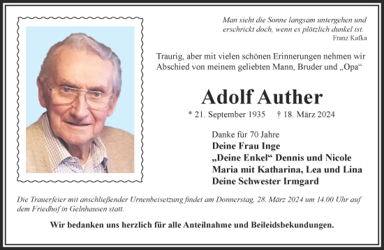 Traueranzeige von Adolf Auther von Gelnhäuser Neue Zeitung