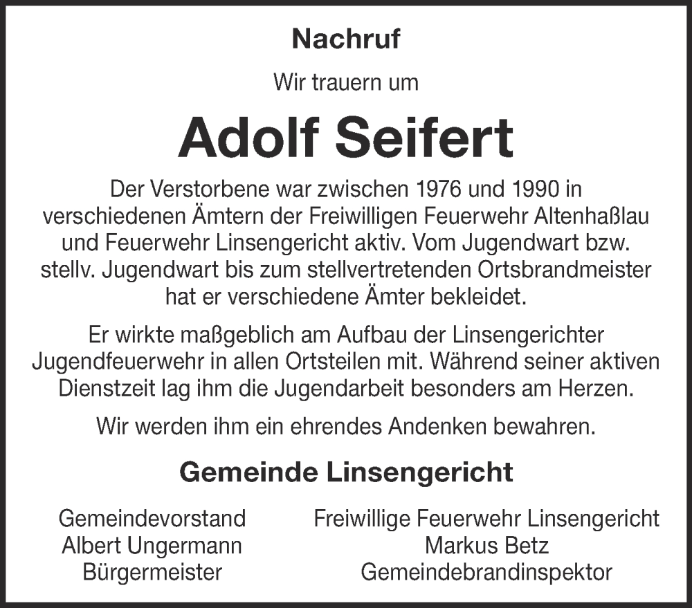  Traueranzeige für Adolf Seifert vom 02.03.2024 aus Gelnhäuser Neue Zeitung