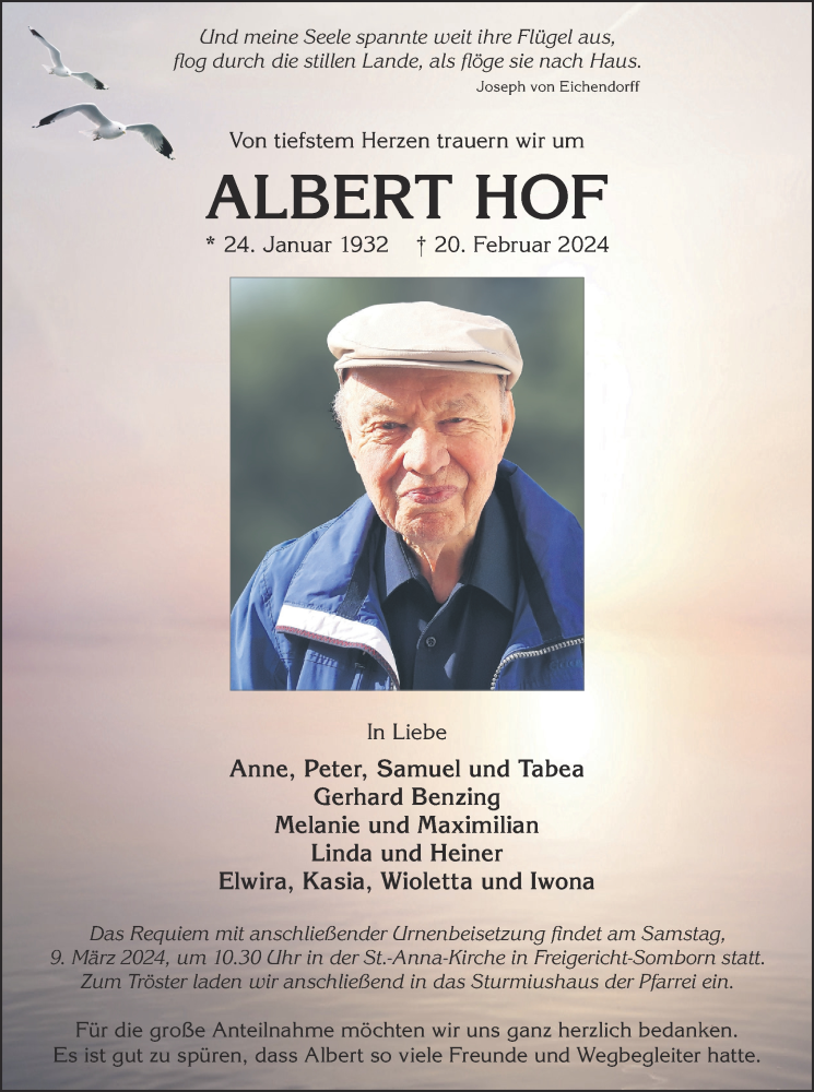  Traueranzeige für Albert Hof vom 02.03.2024 aus Mittelhessen-Bote