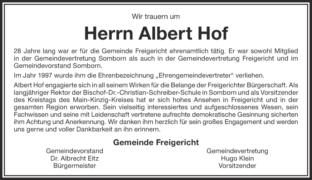  Traueranzeige für Albert Hof vom 09.03.2024 aus Mittelhessen-Bote