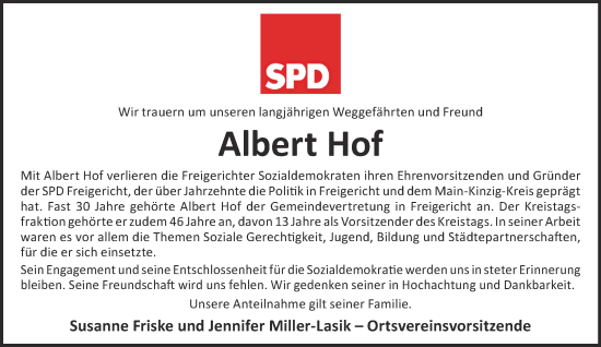 Traueranzeige von Albert Hof von Gelnhäuser Neue Zeitung