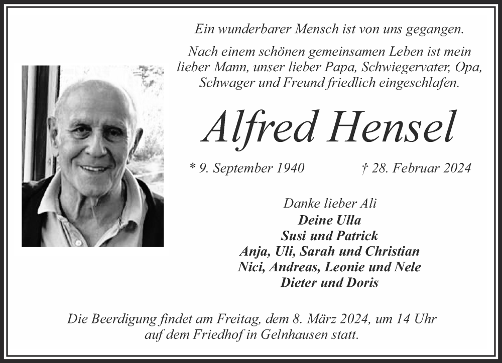  Traueranzeige für Alfred Hensel vom 02.03.2024 aus Mittelhessen-Bote