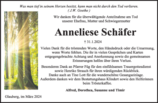 Traueranzeige von Anneliese Schäfer von Mittelhessen-Bote