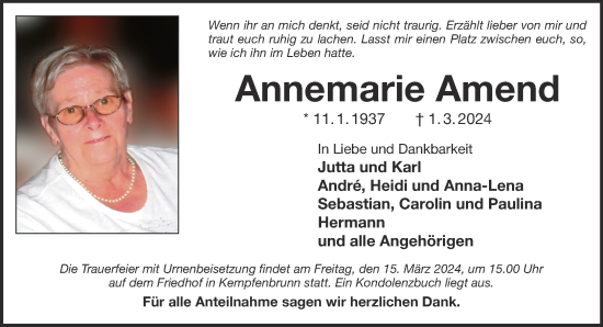 Traueranzeige von Annemarie Amend von Mittelhessen-Bote