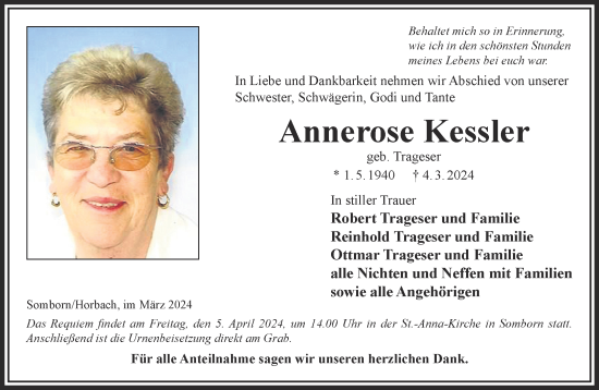 Traueranzeige von Annerose Kessler von Gelnhäuser Neue Zeitung