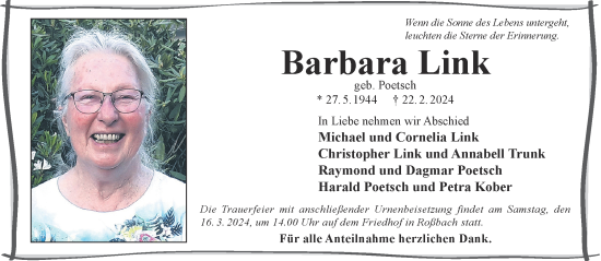Traueranzeige von Barbara Link von Mittelhessen-Bote