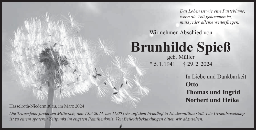  Traueranzeige für Brunhilde Spieß vom 09.03.2024 aus Gelnhäuser Neue Zeitung