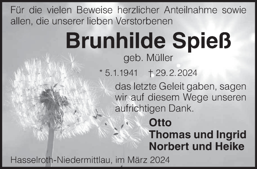 Traueranzeige für Brunhilde Spieß vom 23.03.2024 aus Gelnhäuser Neue Zeitung