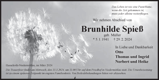 Traueranzeige von Brunhilde Spieß von Gelnhäuser Neue Zeitung