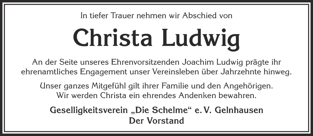  Traueranzeige für Christa Ludwig vom 23.03.2024 aus Gelnhäuser Neue Zeitung