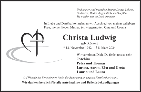 Traueranzeige von Christa Ludwig von Gelnhäuser Neue Zeitung