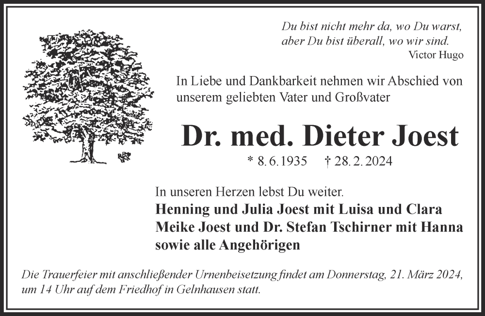  Traueranzeige für Dieter Joest vom 09.03.2024 aus Mittelhessen-Bote