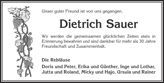 Traueranzeige von Dietrich Sauer von Gelnhäuser Neue Zeitung