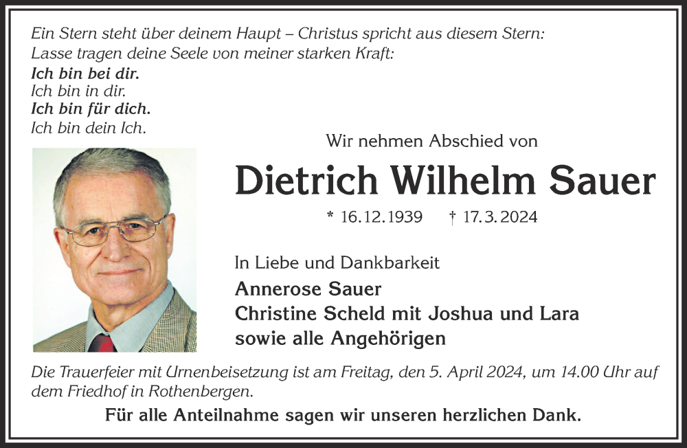  Traueranzeige für Dietrich Wilhelm Sauer vom 30.03.2024 aus Gelnhäuser Neue Zeitung