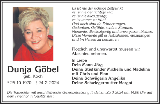 Traueranzeige von Dunja Göbel von Gelnhäuser Neue Zeitung