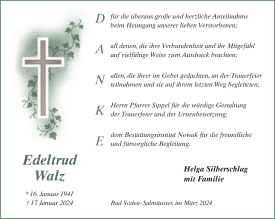 Traueranzeige von Edeltrud Walz von Gelnhäuser Neue Zeitung