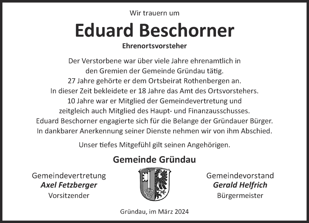  Traueranzeige für Eduard Beschorner vom 16.03.2024 aus Gelnhäuser Neue Zeitung