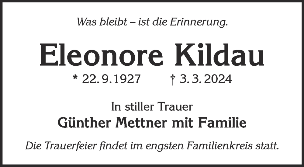  Traueranzeige für Eleonore Kildau vom 16.03.2024 aus Gelnhäuser Neue Zeitung