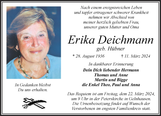 Traueranzeige von Erika Deichmann von Gelnhäuser Neue Zeitung