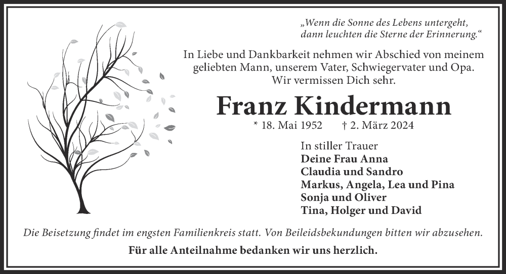  Traueranzeige für Franz Kindermann vom 16.03.2024 aus Gelnhäuser Neue Zeitung