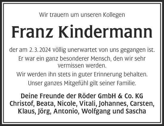 Traueranzeige von Franz Kindermann von Gelnhäuser Neue Zeitung