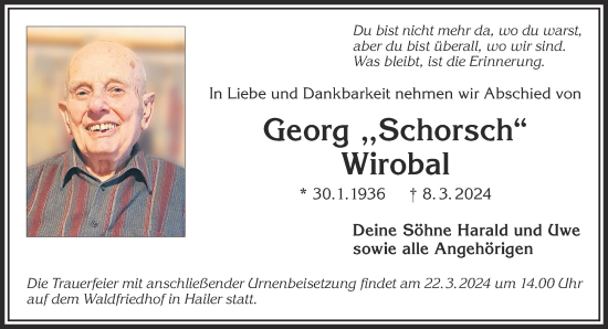 Traueranzeige von Georg Wirobal von Gelnhäuser Neue Zeitung