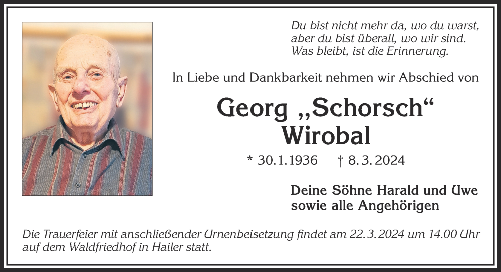  Traueranzeige für Georg Wirobal vom 16.03.2024 aus Gelnhäuser Neue Zeitung