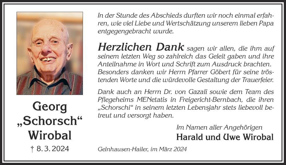 Traueranzeige für Georg Wirobal vom 30.03.2024 aus Gelnhäuser Neue Zeitung