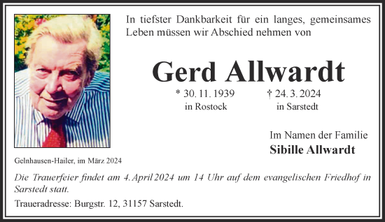 Traueranzeige von Gerd Allwardt von Gelnhäuser Neue Zeitung